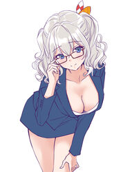  alternate_costume bad_id bad_twitter_id blue_eyes breasts cleavage female glasses grey_hair hair_between_eyes hand_on_own_thigh kantai_collection kashima_(kancolle) kurage1 leaning_forward short_twintails smile solo twintails 