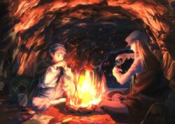  2boys blanket campfire camping cave cooking eating fire ging_freecss grilling hat highres hunter_x_hunter kite_(hunter_x_hunter) long_hair luclu03 male_focus multiple_boys 