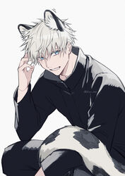  1boy animal_ear_fluff animal_ears black_jacket black_pants blue_eyes cat_ears cat_tail coyucom gojou_satoru hand_up high_collar jacket jujutsu_kaisen kemonomimi_mode male_focus pants short_hair simple_background sitting smile solo tail teeth twitter_username white_background white_hair 