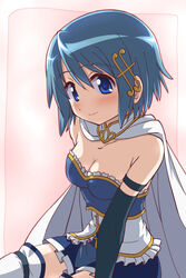  arm_support backlighting bare_shoulders blue_eyes blue_hair blue_skirt blush border breasts buttons cape cleavage closed_mouth collarbone commentary_request cowboy_shot detached_sleeves dot_nose female fortissimo frills gradient_background hair_between_eyes hair_ornament hairclip happy head_tilt highres inoue_kouji looking_at_viewer magical_girl mahou_shoujo_madoka_magica mahou_shoujo_madoka_magica_(anime) medium_breasts miki_sayaka miki_sayaka_(magical_girl) musical_note musical_note_hair_ornament pink_background pleated_skirt shaded_face short_hair simple_background sitting skirt smile solo soul_gem strapless thighhighs white_background white_cape white_thighhighs zettai_ryouiki 