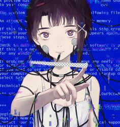  asymmetrical_hair blue_screen_of_death brown_eyes brown_hair commentary fake_transparency female hair_ornament hairclip highres index_finger_raised iwakura_lain kotobuki_nashiko looking_at_viewer serial_experiments_lain short_hair solo upper_body wire x_hair_ornament 