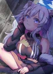  absurdres ahoge animal_ears blush breasts cleavage closed_mouth cloud ear_piercing female grey_eyes grey_hair hair_between_eyes hand_on_own_face highres hololive indian_style jacket large_breasts lion_ears lion_girl long_hair looking_at_viewer mihaeru navel piercing see-through see-through_cleavage shade shirt shishiro_botan shishiro_botan_(1st_costume) sitting sky smile solo two_side_up virtual_youtuber 