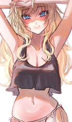  armpits arms_up bad_id bad_pixiv_id black_shirt blonde_hair blue_eyes blurry blush breasts cleavage closed_mouth collarbone crop_top crop_top_overhang depth_of_field female fujima_(k114) highres idolmaster idolmaster_cinderella_girls large_breasts long_hair looking_at_viewer navel ohtsuki_yui panties shirt side-tie_panties simple_background sleeveless smile solo straight-on swept_bangs tank_top underwear upper_body white_background 