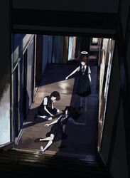  3girls black_dress blood blood_on_face collared_shirt crying death dress ghost halo highres indoors kotobuki_nashiko multiple_girls original pointing shirt short_sleeves stairs white_shirt wide_shot 