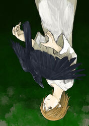  absurdres bird black_background brown_eyes brown_hair commentary crow dress feathers female haibane_renmei highres long_sleeves one-hour_drawing_challenge rakka_(haibane) short_hair solo upside-down white_dress yasu_(shijimi_8) 