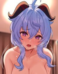  ahoge bad_id bad_twitter_id blue_hair blush breasts cleavage collarbone completely_nude cropped cum facial female ganyu_(genshin_impact) genshin_impact heart heart-shaped_pupils highres horns long_hair looking_at_viewer lower_teeth_only medium_breasts nude open_mouth paid_reward_available purple_eyes saliva sidelocks solar_(happymonk) solo sweat symbol-shaped_pupils tears teeth tongue 