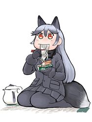  absurdres animal_ears black_bow black_bowtie black_coat black_hair black_pantyhose black_skirt bow bowtie chopsticks coat commentary_request cup_ramen donbei_kitsune_udon eating electric_kettle extra_ears female food fox_ears fox_tail fur_trim grey_hair hair_between_eyes hare_(tetterutei) highres instant_udon kemono_friends kettle long_sleeves nissin_donbei no_nose noodles pantyhose pleated_skirt red_eyes silver_fox_(kemono_friends) skirt solo tail 