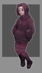  baggy_clothes bob_cut boots border casual commentary cross-laced_footwear dc_comics english_commentary expressionless female forehead_jewel full_body grey_skin hands_in_pockets hood hood_down hoodie knee_boots lace-up_boots nose outline purple_eyes purple_hair raven_(dc) short_hair solo striped striped_legwear teen_titans whistle_frog 