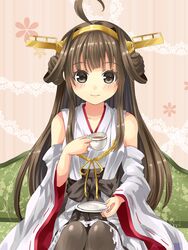  bad_id bad_pixiv_id bare_shoulders black_thighhighs blush brown_eyes brown_hair couch cup detached_sleeves double_bun female frilled_skirt frills hair_bun hair_ornament hairband headgear japanese_clothes kantai_collection kobanzame kongou_(kancolle) long_hair nontraditional_miko ribbon-trimmed_sleeves ribbon_trim saucer sitting skirt smile solo teacup thighhighs 