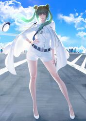  absurdres bare_legs bell belt blue_eyes blue_sky blush breasts commentary commission cui_yifei day dog_tags english_commentary female fingernails flight_deck full_body green_hair hair_bell hair_ornament hat hat_loss high_heels highres jacket jacket_on_shoulders lips long_hair looking_at_viewer medium_breasts military military_hat military_uniform muv-luv muv-luv_alternative muv-luv_total_eclipse nail_polish necktie outdoors shirt shorts sky smile solo_focus thaumazo twintails two_side_up uniform unworn_hat unworn_headwear very_long_hair white_shirt white_shorts wind wind_lift 