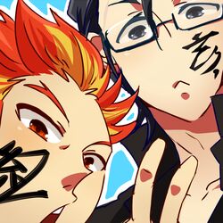  2boys akai_suzaku black_hair blue_background close-up commentary_request glasses handa_(sion621) idolmaster idolmaster_side-m kanji kurono_genbu looking_at_viewer male_focus multicolored_hair multiple_boys open_mouth outline red_eyes red_hair shinsoku_ikkon_(idolmaster) simple_background spiked_hair two-tone_hair v 