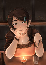  bracelet breasts brown_eyes brown_hair candle candlelight cleavage commentary_request cup drinking_glass female hair_ornament hairclip head_rest highres jewelry large_breasts long_hair looking_at_viewer madarame original solo table 