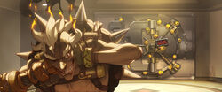  1boy absurdres arnold_tsang burnt_hair covering_own_ears fingerless_gloves fire gloves grin highres indoors junkrat_(overwatch) male_focus mechanical_arms official_art one_eye_closed overwatch overwatch_1 photoshop_(medium) safe_(container) single_mechanical_arm smile smoke solo spikes thick_eyebrows tire topless_male upper_body 