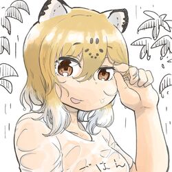  :d alternate_hairstyle animal_ears blonde_hair brown_eyes commentary_request female hand_up hare_(tetterutei) highres jaguar_(kemono_friends) jaguar_ears kemono_friends looking_at_viewer multicolored_hair open_mouth rain shirt short_hair sideways_mouth smile solo upper_body wet wet_clothes wet_hair wet_shirt 