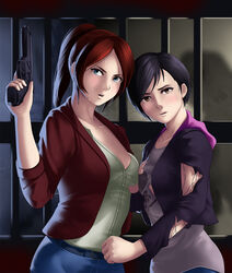  2girls asymmetrical_docking black_hair blue_eyes breast_press breasts brown_eyes claire_redfield commentary_request denim dress_shirt gun handgun hood hood_down hooded_jacket jacket jeans long_hair moira_burton multiple_girls nose pants parted_bangs parted_lips photoshop_(medium) ponytail red_hair resident_evil resident_evil:_revelations_2 shirt short_hair small_breasts sweat swept_bangs thor_(deep_rising) torn_clothes torn_jacket weapon yuri 