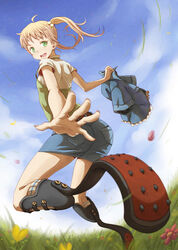  amputee bad_id bad_pixiv_id blonde_hair denim denim_skirt double_amputee female from_behind green_eyes hair_bobbles hair_ornament ibarazaki_emi katawa_shoujo long_hair looking_back open_mouth pencil_skirt photoshop_(medium) prosthesis prosthetic_leg running_blades skirt smile twintails vinhnyu 