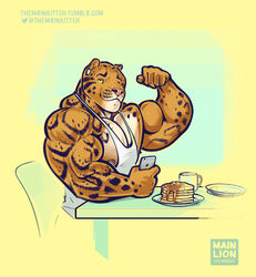  2016 anthro apple_inc. areola benji_(mainlion) big_muscles breakfast cellphone clothing clouded_leopard countershading ear_piercing electronics felid flexing food green_eyes huge_muscles hyper hyper_muscles iphone male mammal markings muscular muscular_anthro muscular_male nipples pancake pantherine pecs phone piercing purrcules_(artist) shirt simple_background smartphone solo tank_top topwear 