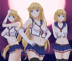  3girls absurdres battle_tendency black_legwear blonde_hair blue_eyes breasts cleavage commentary crop_top crop_top_overhang enterprise_(warship_girls_r) gloves highres hornet_(warship_girls_r) jojo_no_kimyou_na_bouken jojo_pose long_hair low-tied_long_hair midriff miniskirt moon multiple_girls navel no_headwear ponytail pose short_hair skirt thighhighs warship_girls_r wujojin yorktown_(warship_girls_r) 