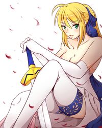  ahoge alternate_costume artoria_pendragon_(fate) bare_shoulders blonde_hair blush breasts choker cleavage commentary dress elbow_gloves english_commentary excalibur_(fate/stay_night) fate/stay_night fate/unlimited_blade_works fate/unlimited_codes fate_(series) female gloves green_eyes hair_ribbon highres lace lace-trimmed_legwear lace_trim long_hair medium_breasts official_alternate_costume petals planted planted_sword ponytail ribbon saber_(fate) saber_(pure_night_dress)_(fate) sitting solo strapless strapless_dress sword thighhighs wangphing weapon white_gloves white_thighhighs 