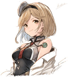  alternate_costume bad_id bad_pixiv_id blonde_hair blouse blush_stickers brown_hair coat collared_shirt commentary_request djeeta_(granblue_fantasy) doctor doctor_(granblue_fantasy) female granblue_fantasy hairband koretsuki_azuma lab_coat necktie red_necktie shirt short_hair signature sleeveless sleeveless_shirt smile stethoscope upper_body 