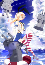  :3 @_@ absurdres anchor black_panties blonde_hair blush caibao_return commentary elbow_gloves female gloves hair_ornament hairband highres kantai_collection lifebuoy long_hair looking_at_viewer navel panties rensouhou-chan shimakaze_(kancolle) skirt socks solo striped_clothes striped_thighhighs swim_ring thighhighs underwear white_gloves x&lt; |_| 