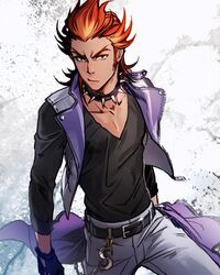  1boy akai_suzaku bad_id bad_pixiv_id belt chains collar fingerless_gloves gloves gold_chain idolmaster idolmaster_side-m iwa_(iwa000ima) looking_at_viewer male_focus multicolored_hair open_clothes open_vest red_eyes red_hair sideburns solo spiked_collar spiked_hair spikes two-tone_hair vest 