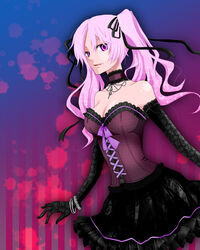  breasts choker cleavage comiya commentary_request corset dusk female goth_fashion hair_ribbon jewelry large_breasts necklace photoshop_(medium) pink_hair red_eyes ribbon shiki_(novel) shimizu_megumi smirk solo wristband 