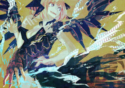  blonde_hair breasts commentary_request demon demon_horns demon_wings female hand_on_own_hip horns medium_breasts open_mouth original photoshop_(medium) sharp_teeth short_hair teeth total wings 