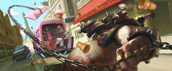  1boy absurdres android arnold_tsang blue_sky chains cloud day eiffel_tower english_text fingerless_gloves food french_text gas_mask gloves greentooth highres ice_cream ice_cream_cone male_focus mask official_art outdoors overwatch overwatch_1 photoshop_(medium) road roadhog_(overwatch) science_fiction single_glove sky soft_serve solo_focus street tattoo topless_male 