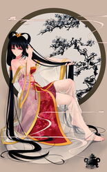  absurdly_long_hair absurdres bare_shoulders barefoot black_hair breasts censer chinese_clothes commentary_request dress feet female full_body green_eyes hair_ornament hair_rings hair_tubes hanfu highres holding holding_own_hair incense large_breasts long_hair luo_tianyi okingjo see-through shadow sitting smile solo very_long_hair vocaloid vsinger window 