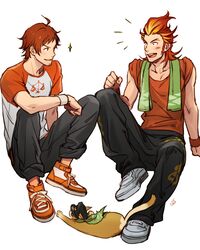  2boys akai_suzaku bad_id bad_pixiv_id blush facial_hair goatee hat idolmaster idolmaster_side-m iwa_(iwa000ima) kanji male_focus multicolored_hair multiple_boys nyako_(idolmaster) open_mouth red_hair scales shoes sideburns simple_background sitting sleeves_rolled_up sneakers spiked_hair tendo_teru towel towel_around_neck two-tone_hair white_background 