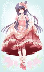  adapted_costume alternate_hairstyle blush bow commentary_request curtsey dress embellished_costume female floral_background floral_print flower frilled_dress frilled_gloves frilled_socks frills full_body gloves hair_flower hair_ornament hairbow highres houraisan_kaguya lolita_fashion long_dress long_hair looking_at_viewer mackintosh_rose one_side_up pink_dress pink_eyes pink_flower pink_rose puffy_sleeves purple_hair red_dress red_footwear rose rose_print seidou_(tukinomiyako) shoes short_sleeves skirt_hold smile socks solo standing sweet_lolita too_many too_many_frills touhou very_long_hair white_gloves wrist_cuffs 