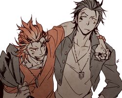  2boys akai_suzaku arm_around_shoulder bad_id bad_pixiv_id black_hair bracelet bruise delinquent gakuran glasses hair_slicked_back idolmaster idolmaster_side-m injury iwa_(iwa000ima) jacket jewelry kanji kurono_genbu male_focus multiple_boys necklace one_eye_closed open_clothes open_jacket ring scar school_uniform shinsoku_ikkon_(idolmaster) sideburns signature simple_background spiked_hair thumb_ring white_background 