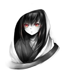  black_hair blending chinese_commentary closed_mouth commentary_request female hood hood_up kangetsu_(fhalei) kyuuketsu_hime looking_at_viewer onmyoji red_eyes signature simple_background solo spot_color upper_body white_background 