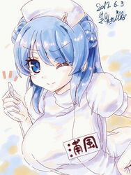  blue_eyes blue_hair breasts commentary_request dated double_bun elbow_gloves female gloves hair_bun hat kantai_collection large_breasts miuku_(marine_sapphire) name_tag nurse nurse_cap one_eye_closed photoshop_(medium) puffy_short_sleeves puffy_sleeves short_sleeves signature smile suppository urakaze_(kancolle) 