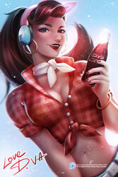  artist_name bangle blue_sky bracelet brand_name_imitation breasts brown_eyes brown_hair buttons character_name choker cleavage coca-cola commentary crop_top cruiser_d.va d.va_(overwatch) deviantart_username dutch_angle earrings english_commentary eyelashes female front-tie_top head_scarf headphones hoop_earrings jewelry lens_flare long_hair looking_at_viewer medium_breasts midriff navel official_alternate_costume olchas outdoors overwatch overwatch_1 parted_lips patreon_logo patreon_username photoshop_(medium) plaid plaid_shirt red_lips red_shirt shirt short_sleeves signature sky smile soda soda_bottle solo upper_body web_address white_choker 