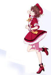  :o brown_eyes brown_hair commentary_request dekitate_evo!_revo!_generation!_(idolmaster) female frills full_body hat high_heels honda_mio idol idolmaster idolmaster_cinderella_girls jacket leg_up looking_up mutou_kurihito pom_pom_(cheerleading) red_jacket red_skirt shirt short_hair skirt solo standing standing_on_one_leg white_shirt wrist_cuffs 