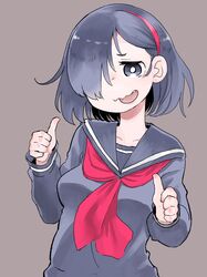  :d absurdres bright_pupils commentary_request female grey_background grey_eyes grey_hair grey_sailor_collar grey_shirt hair_over_one_eye hairband hare_(tetterutei) highres long_sleeves looking_at_viewer neckerchief open_mouth original red_neckerchief sailor_collar school_uniform serafuku shirt short_hair simple_background smile solo thumbs_up upper_body wavy_mouth 