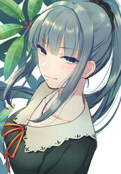  bbbannooo blush breasts closed_mouth commentary_request female flowers_(innocent_grey) green_eyes grey_hair innocent_grey long_hair looking_at_viewer medium_breasts photoshop_(medium) ponytail school_uniform sidelocks smile solo upper_body yatsushiro_yuzuriha 