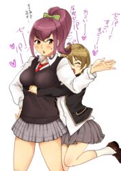  2girls bad_id bad_pixiv_id blush brown_hair closed_eyes commentary_request hug hug_from_behind ibuki_imina leg_up long_hair matsuno_minoru multiple_girls purple_hair school_girl_strikers short_hair simple_background smile wakatsuki_chika white_background yellow_eyes 