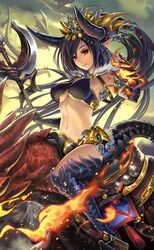  armlet armpits axe bikini bikini_top_only black_hair breasts closed_mouth cloud coin_(ornament) commentary_request creature dragon dragon_girl dragon_horns dragon_tail eyelashes female fingernails fire fur_trim gem holding holding_weapon horns jewelry kazto_furuya large_breasts long_fingernails long_hair looking_at_viewer moeru!_dragon_jiten moeru!_jiten monster_girl pointy_ears ponytail red_eyes riding scales skull sky slavic_mythology slit_pupils smile solo swept_bangs swimsuit tail tugarin_zmeyevich underboob very_long_hair weapon 