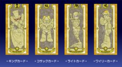  3boys blue_background bowtie capcom cape card card_captor_sakura character_name female fish_tail flashman gradient_background helmet magicman mermaid multiple_boys robot rockman rockman_(classic) splash_woman text toadman trident 