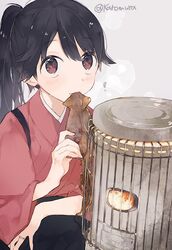  black_hair black_hakama brown_eyes commentary_request eating female fire grey_background hakama hakama_skirt heater high_ponytail houshou_(kancolle) japanese_clothes jewelry kantai_collection karomura kerosene_heater kimono looking_at_viewer pink_kimono ponytail ring simple_background skirt solo squatting squid tasuki wedding_ring 