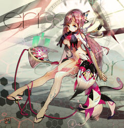  absurdres blue_eyes breasts bridal_gauntlets cleavage commentary crab_d female highres holographic_interface large_breasts looking_at_viewer navel original photoshop_(medium) pink_hair sandals thighhighs 