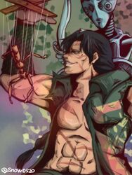  1boy abs black_hair braid commentary_request control_bar devo ebony_devil grin jacket jojo_no_kimyou_na_bouken male_focus marionette muscular open_clothes open_jacket profile puppet puppet_strings scar single_braid smile solo stand_(jojo) stardust_crusaders torn_clothes torn_jacket twitter_username upper_body yatsuki_0521 