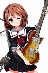  bad_id bad_pixiv_id black_serafuku brown_eyes brown_hair cosplay female guitar hairband highres hirasawa_yui hirasawa_yui_(cosplay) instrument k-on! kantai_collection long_hair look-alike neckerchief one_eye_closed parody red_hairband red_neckerchief school_uniform serafuku shiratsuyu_(kancolle) short_hair tantan_men_(dragon) 