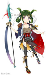  asymmetrical_sleeves breasts cleavage commentary_request copyright_name female green_hair hair_ornament iwateyama_(oshiro_project) kamaboko_red looking_at_viewer mismatched_sleeves official_art oshiro_project:re polearm small_breasts solo spear thighhighs twintails weapon white_background 