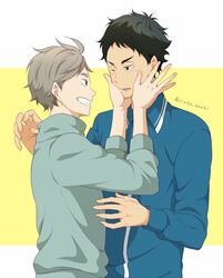  2boys akaashi_keiji black_hair blue_shirt blush commentary_request fingernails grey_hair grin haikyuu!! hands_on_another&#039;s_cheeks hands_on_another&#039;s_face highres long_sleeves looking_at_another male_focus multiple_boys one_eye_closed parted_lips ringo_aneki shirt short_hair smile sugawara_koushi twitter_username 