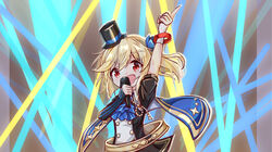  :d arm_up asymmetrical_sleeves bad_id bad_pixiv_id black_hat black_jacket blonde_hair blue_cape blue_flower blush cape commentary_request female flower girls&#039;_frontline hair_between_eyes hair_flower hair_ornament hat head_tilt highres holding holding_microphone index_finger_raised jacket long_hair long_sleeves looking_at_viewer matsuo_(matuonoie) microphone mini_hat mini_top_hat nagant_revolver_(astral_bond)_(girls&#039;_frontline) nagant_revolver_(girls&#039;_frontline) official_alternate_costume open_mouth puffy_short_sleeves puffy_sleeves red_eyes short_sleeves sleeves_past_wrists smile solo star_(symbol) tilted_headwear top_hat uneven_sleeves upper_body 