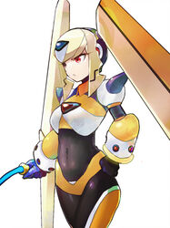  android armor breasts byte_(grunty-hag1) chest_jewel commentary_request covered_navel female gloves hand_on_own_hip helmet holding holding_whip long_eyelashes medium_breasts mega_man_(series) navel oro_s power_armor red_eyes rockman_xover shoulder_spikes simple_background solo spikes weapon whip white_background white_gloves 